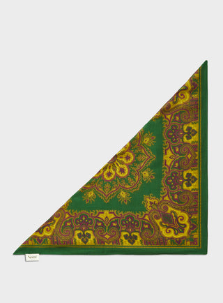 100% Italian Tencel Green Motif and Mustard Print Neck Scarf. 