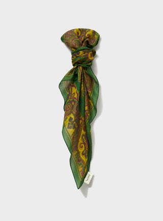 100% Italian Tencel Green Motif and Mustard Print Neck Scarf. 