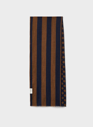 100% Recycled Double Faced Wool Burnt Orange Navy Spot Classic Scarf on one side, thick stripe on the other side.