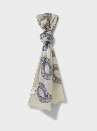 Cotton & Cashmere Wool Cream and Navy Paisley Neck Scarf.  A flamboyant rare scarf double side printed; oversized paisley on one side and a medallion print on the other. Off white shades with blue and choclate oversized paisley print.