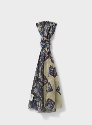 Cotton & Cashmere Wool Medallion Cream Neck Scarf. A flamboyant rare scarf double side printed; oversized paisley on one side and a medallion print on the other.  