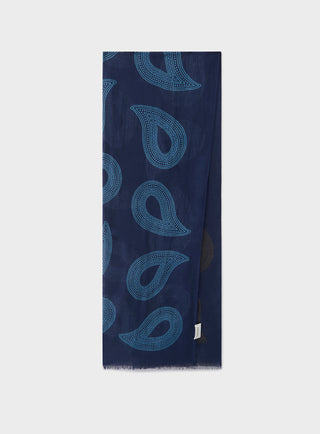 Cotton & Cashmere Wool Deep Navy Neck ScarfA flamboyant rare scarf double side printed; oversized paisley design in a lovely chocolate and neutral on a warming blue tone.