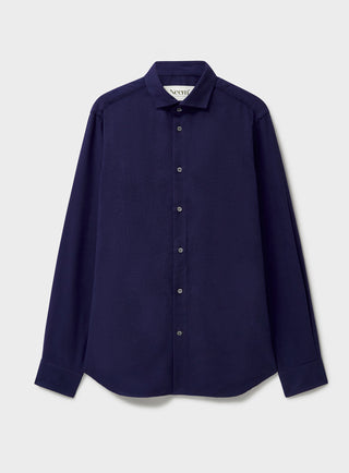 Recycled Italian Flannel Navy Cut Away Collar Shirt made with 50% recycled cotton and 50% organic. The shirt is a button down.