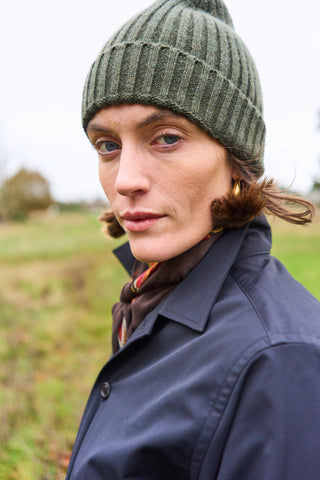 Ribbed Recycled Cashmere Olive Beanie Hats 