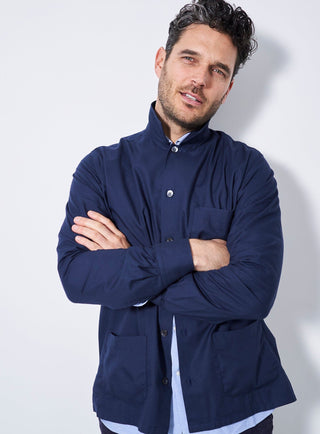 100% Regenerative Cotton Navy Shirt Jacket. Three pocket and button down.