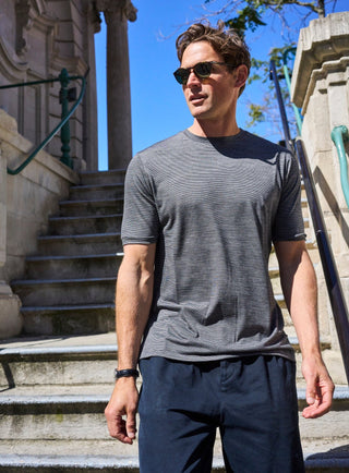 sustainable menswear ZQ merino traceable wool best tshirt charcoal stripe 