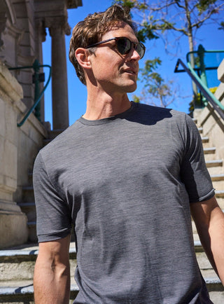 sustainable menswear ZQ merino traceable wool best tshirt charcoal stripe 