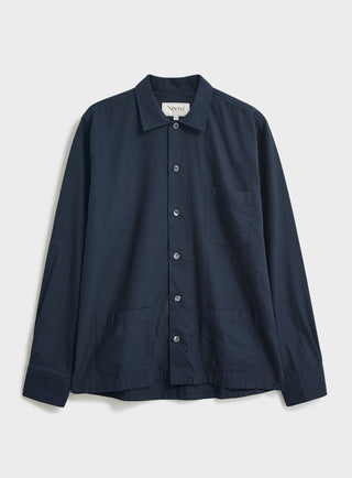100% Regenerative Cotton Navy Shirt Jacket. Three pocket and button down.