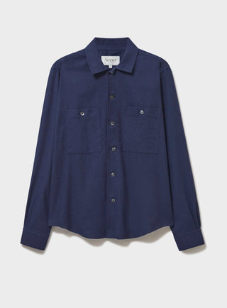 Recycled Italian Navy Flannel Double Pocket Shirt Double chest pocket with button fastening and is button down front.